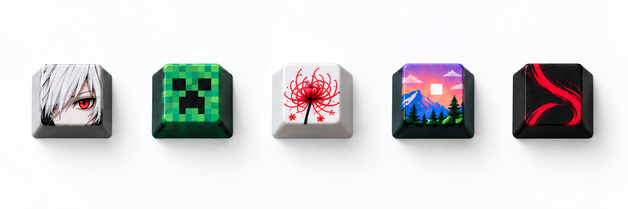 Five keycaps: a white-haired anime character, a green pixel face, a red spider lily, a mountain sunset and a red abstract design